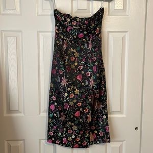 Satin floral jacquard strapless dress